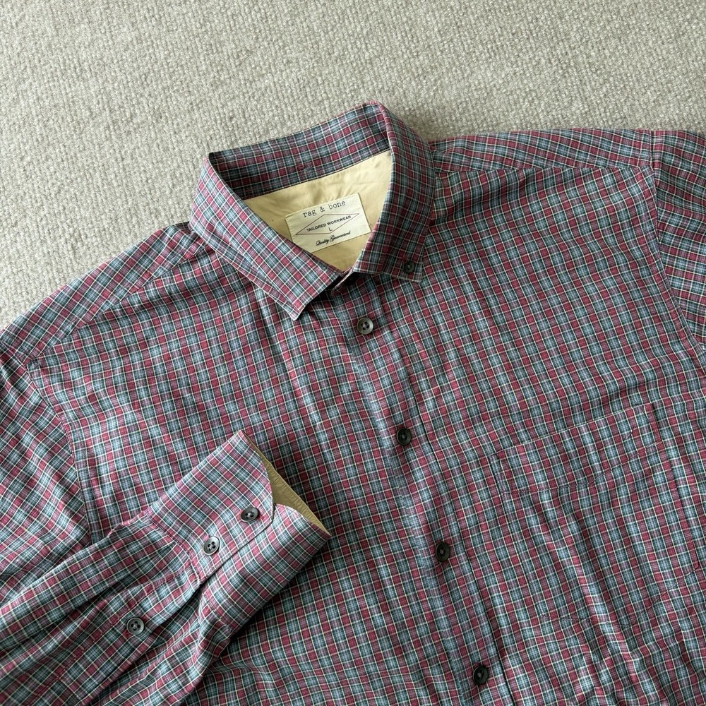 Rag & Bone Button Down Shirt Red Green Plaid 100% Cotton Men's Sz L